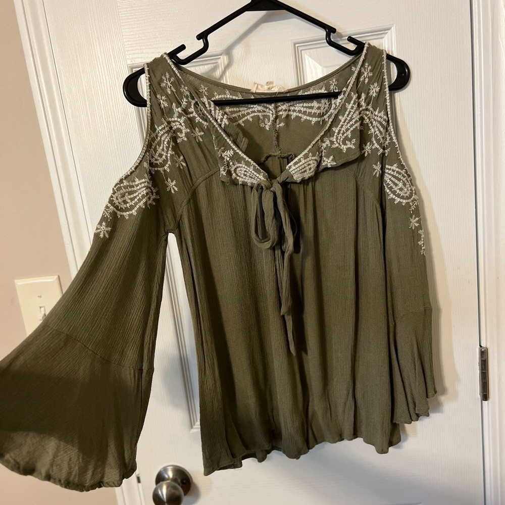 Entro Olive Embroidered Cold Shoulder Blouse